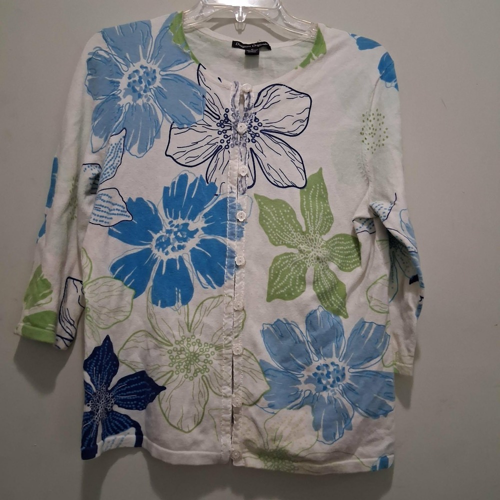 Designers Originals Womens Floral Cardigan White Blue Green Cotton Blend Size M